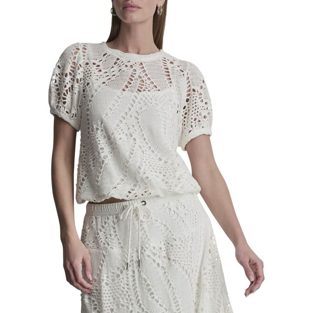Dkny Womens Crochet Leaf Top, White